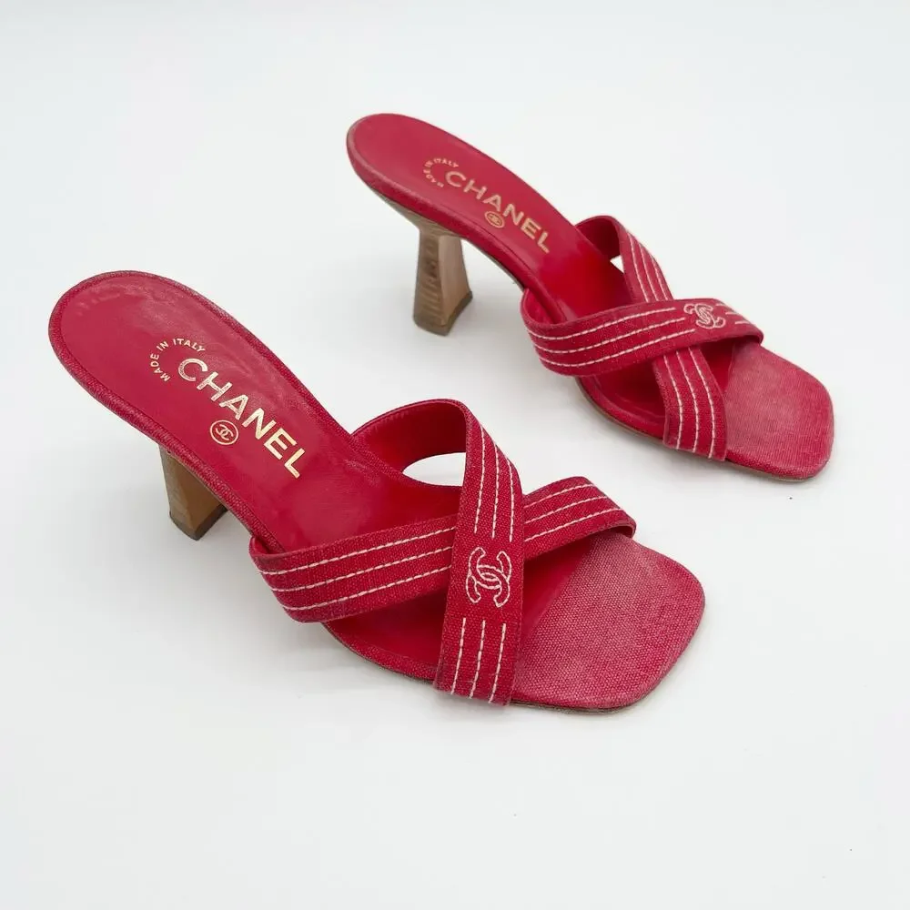 Chanel Vintage Red Canvas CC Nautical Cross Strap Slide Mule Sandal Heels EU 38